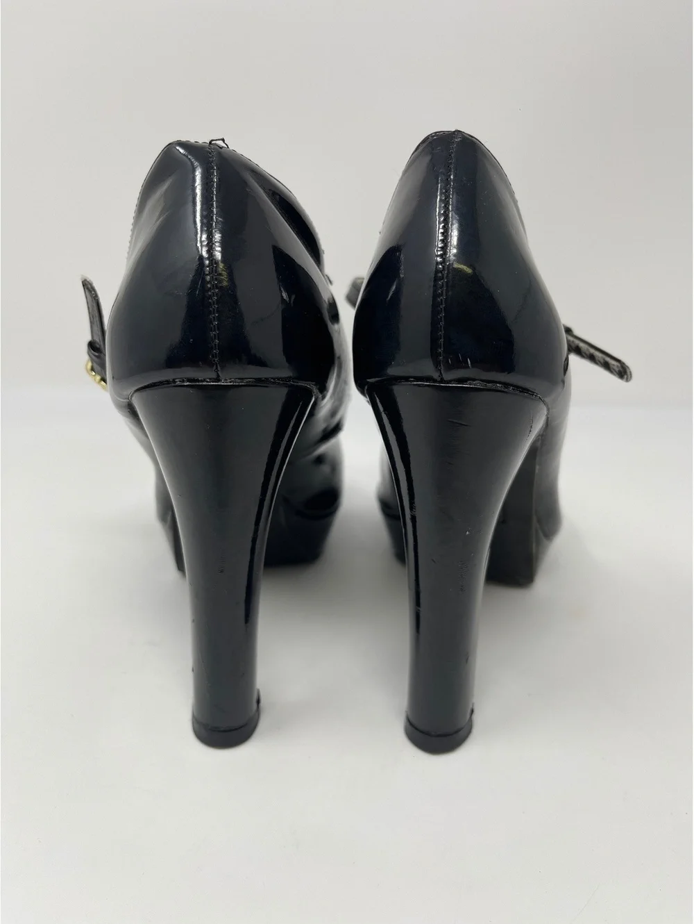 Christian Siriano Black Patent T-Strap Peep Toe Platform High Heels Pumps 6.5
